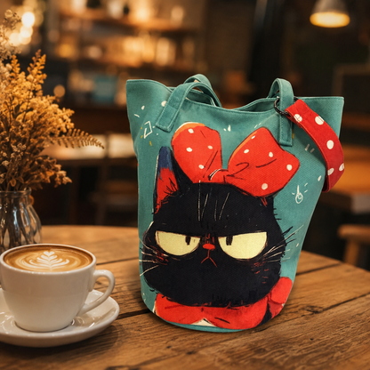 Grumpy Black Cat Bow Bucket Bag - BC Select